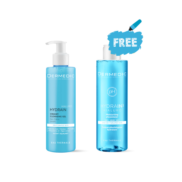 DERMEDIC HYDRAIN3-Creamy Cleansing Gel 200ML + Moisturising Physiotoner 200ml FOR FREE