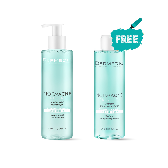 DERMEDIC NORMACNE-Antibacterial Cleansing Gel 200ML + Cleansing And Regulating Toner 200ML FOR FREE